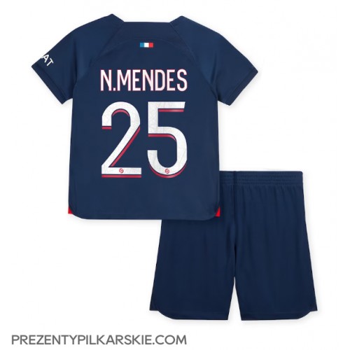 Stroje piłkarskie Paris Saint-Germain Nuno Mendes #25 Koszulka Podstawowej dla dzieci 2023-24 Krótki Rękaw (+ szorty)